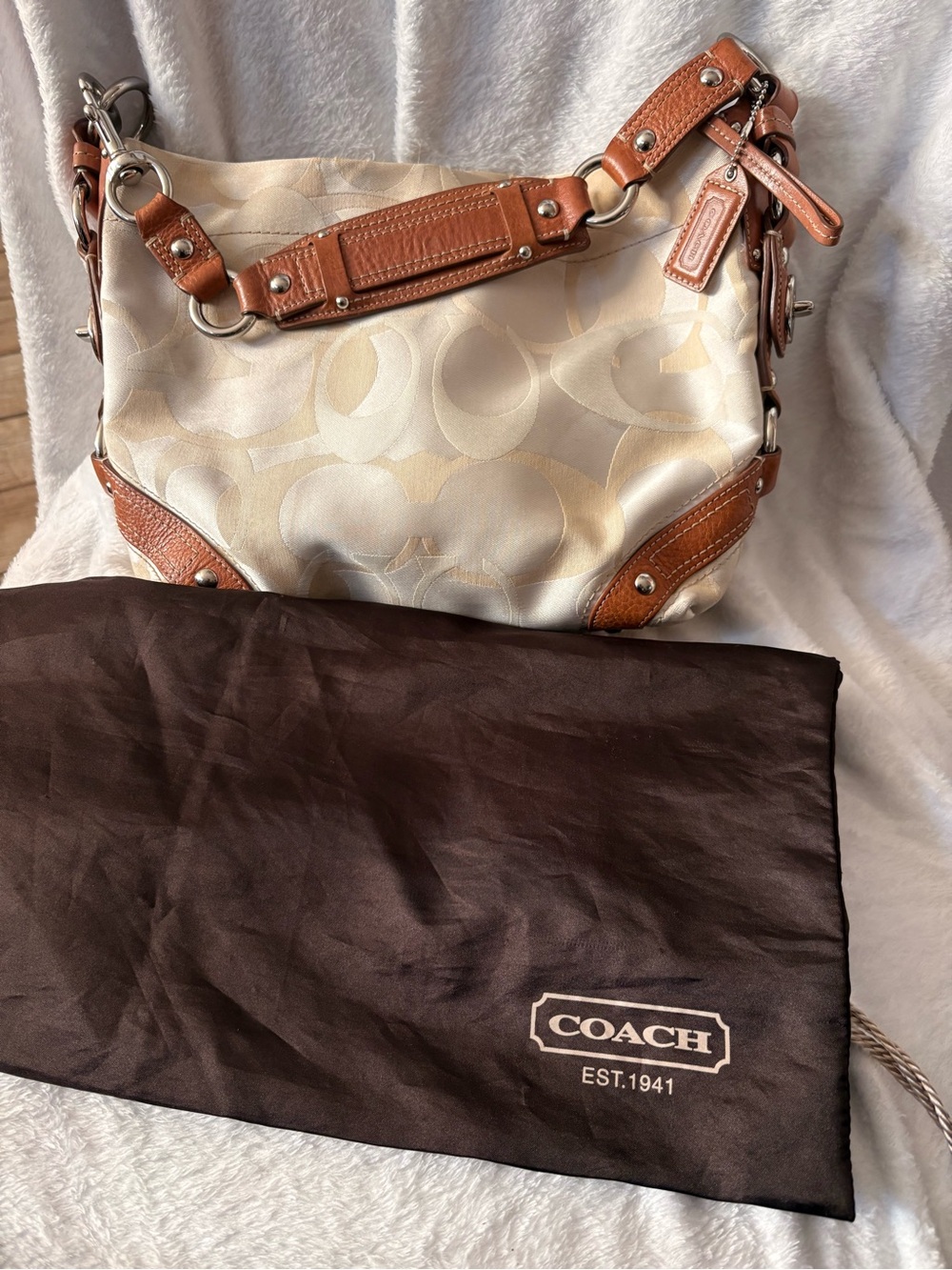 Coach Cream Signature Canvas Hobo with Brown Leather Trim